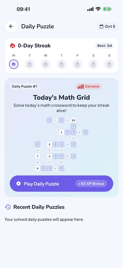Daily Puzzle screen with the Extreme badge, your streak and a preview of today's grid.
