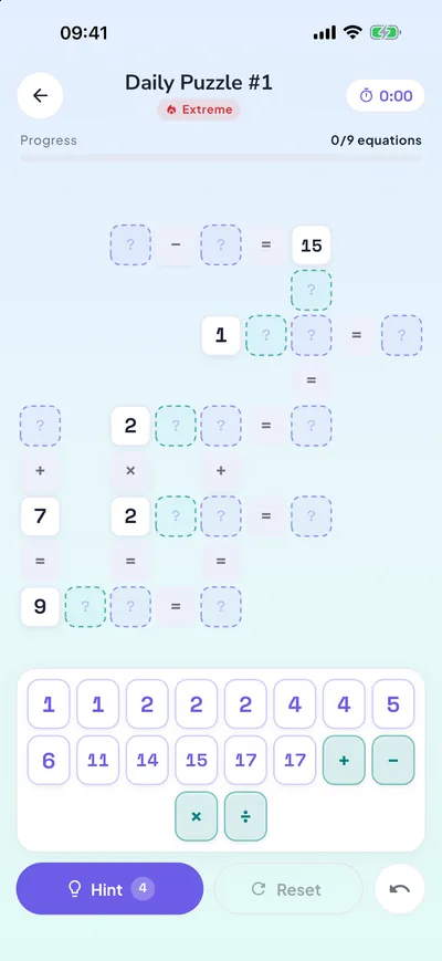 An Extreme Daily Puzzle: a nine by nine grid with missing numbers and missing signs.