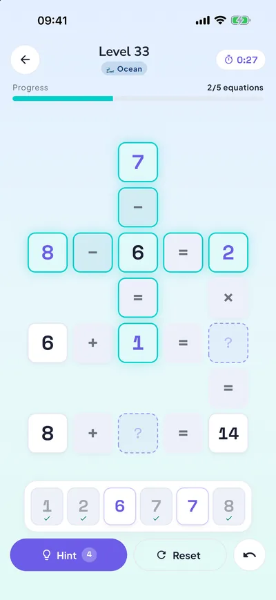 A level in progress: two equations solved and glowing, number tiles in the bank below.