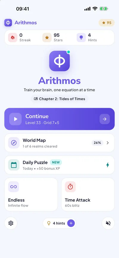 Home screen: continue your level, open the World Map, the Daily Puzzle, Endless or Time Attack.