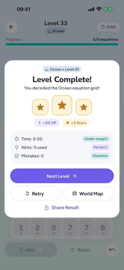 Level complete screen with three stars: under the target time, no hints, no mistakes.